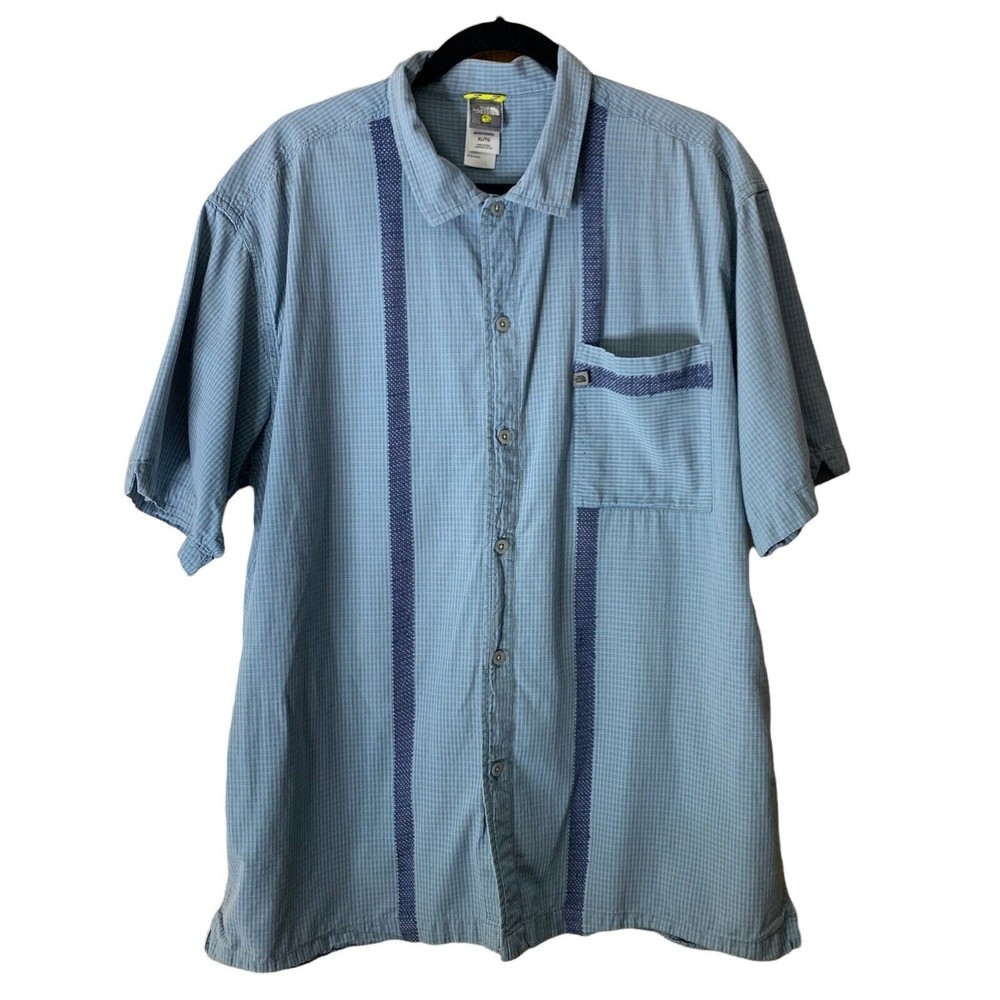 The North Face Button Up Shirt Men's XL Short Sleeve Plaid Blue Front Pocket